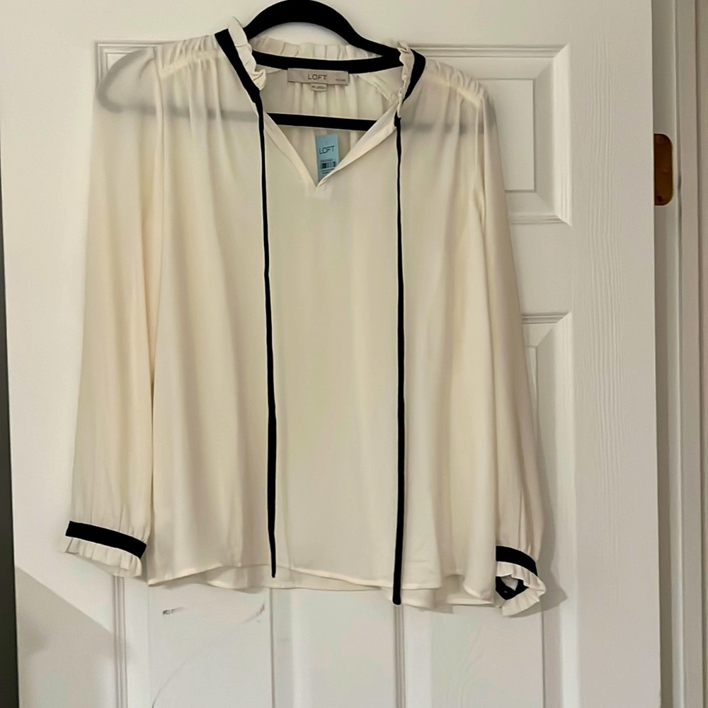 Loft petite white blouse with black piping